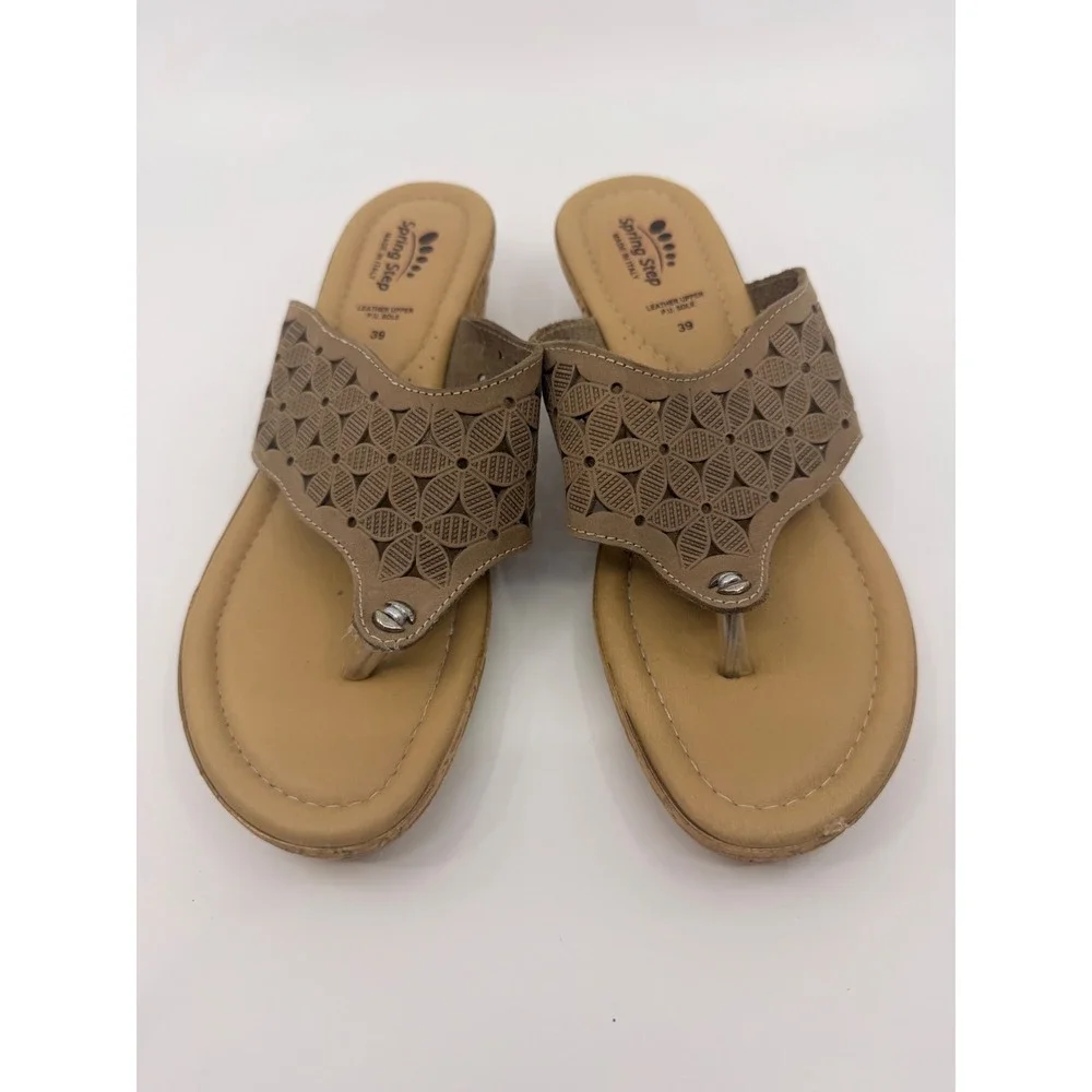 Spring Step Womens Tan Leather Laser Cut Floral Wedge Thong Sandal Made in Italy